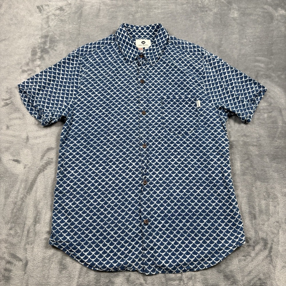 Fayettechill Blue White Fish Scale Short Sleeve Shirt Made In USA Size Large